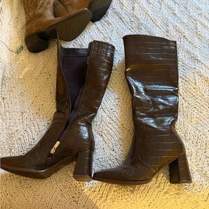 Brown Croc-Embossed Knee-High Boots